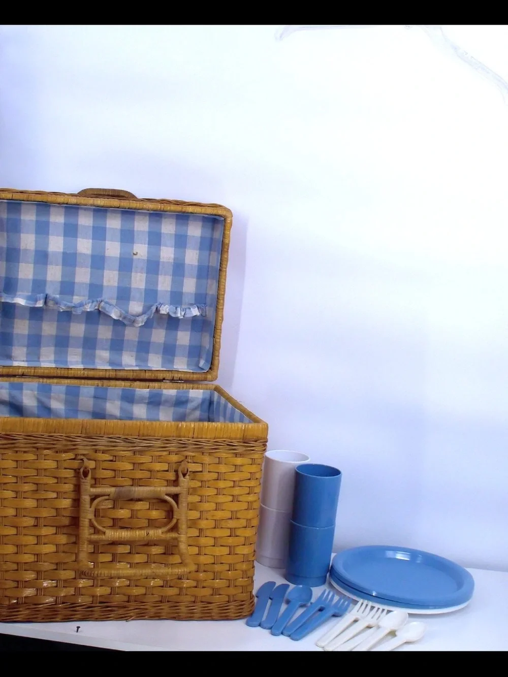 Vintage Wicker Picnic Basket Set with Dish Set - RARE Antique 18 PIECES